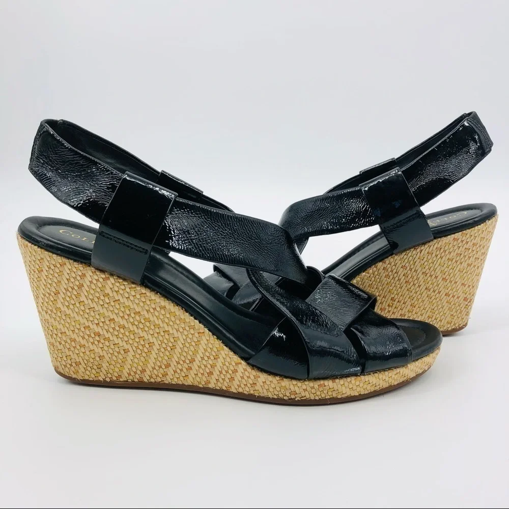 Cole‎ Haan Nike Air Dinah Black Patent Leather Platform Wedge Sandal Size 10AA